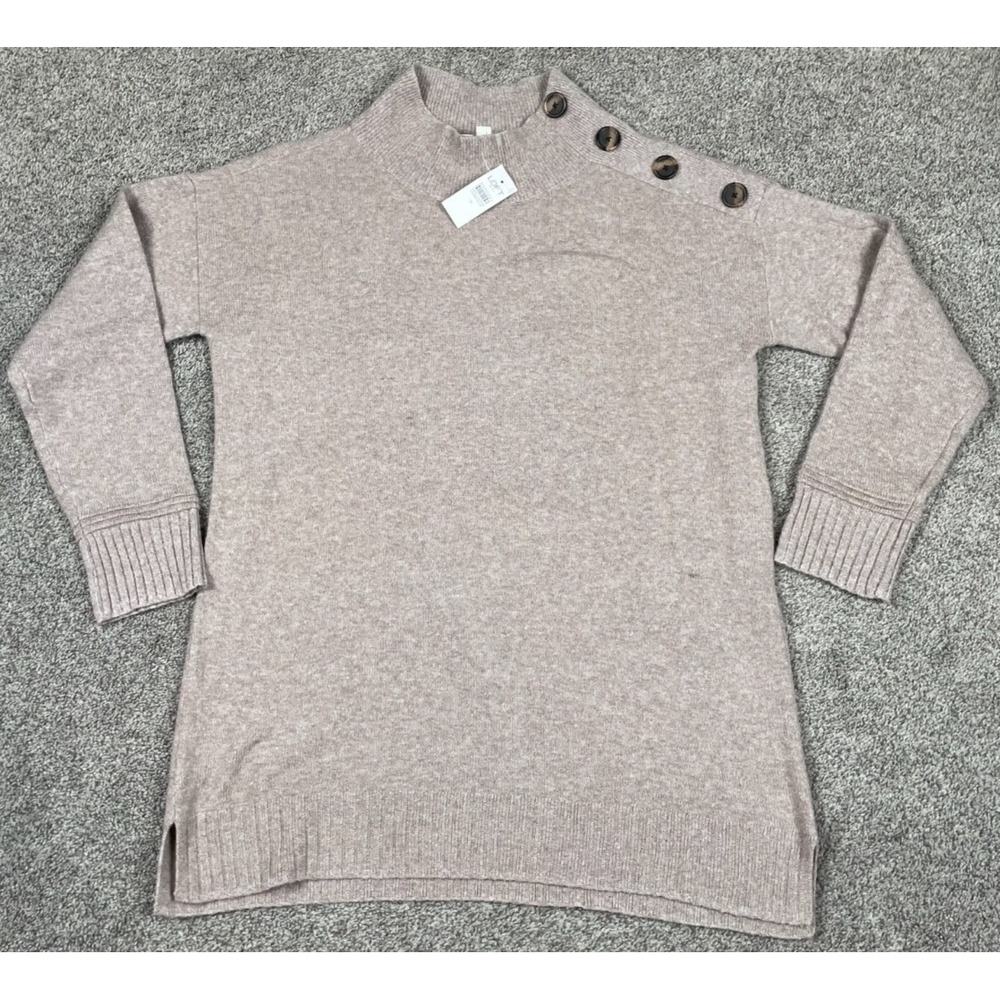 Loft Sweater Womens Medium Oatmeal Knit Mock Neck Buttons Stretch Cabin Cozy NEW
